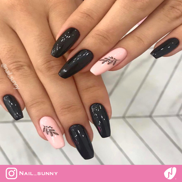 Leaves on Glossy Pink Nails